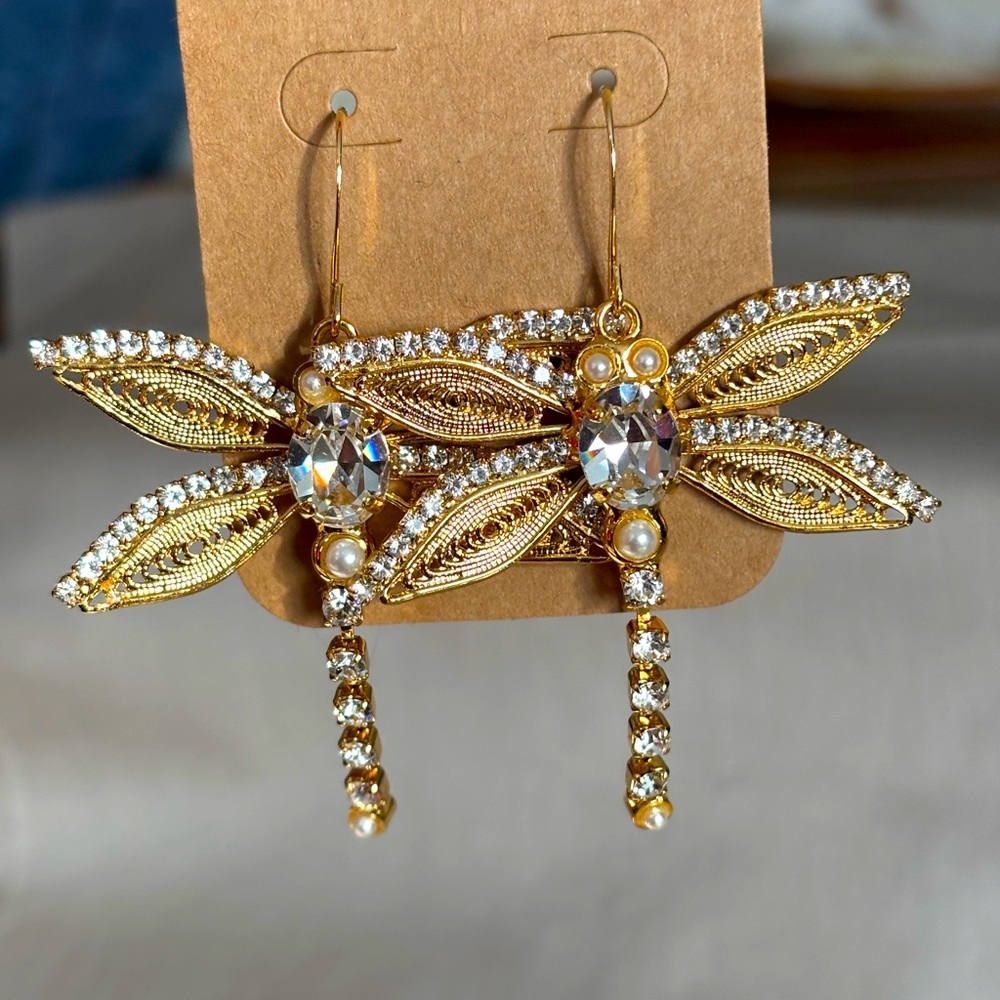 New Without Tags Gold, Pearl, CZ Handmade Claudio Canzian Dragonfly Earrings